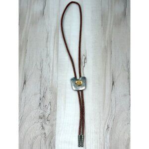 VTG Brown Woven Bolo Tie w/ Silvertone/Goldtone Etched Concho Cowboy Hat Detail